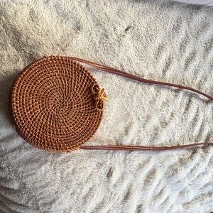 Round Woven Tan Crossbody Bag